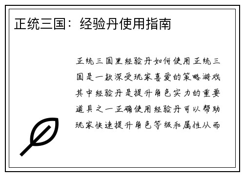 正统三国：经验丹使用指南